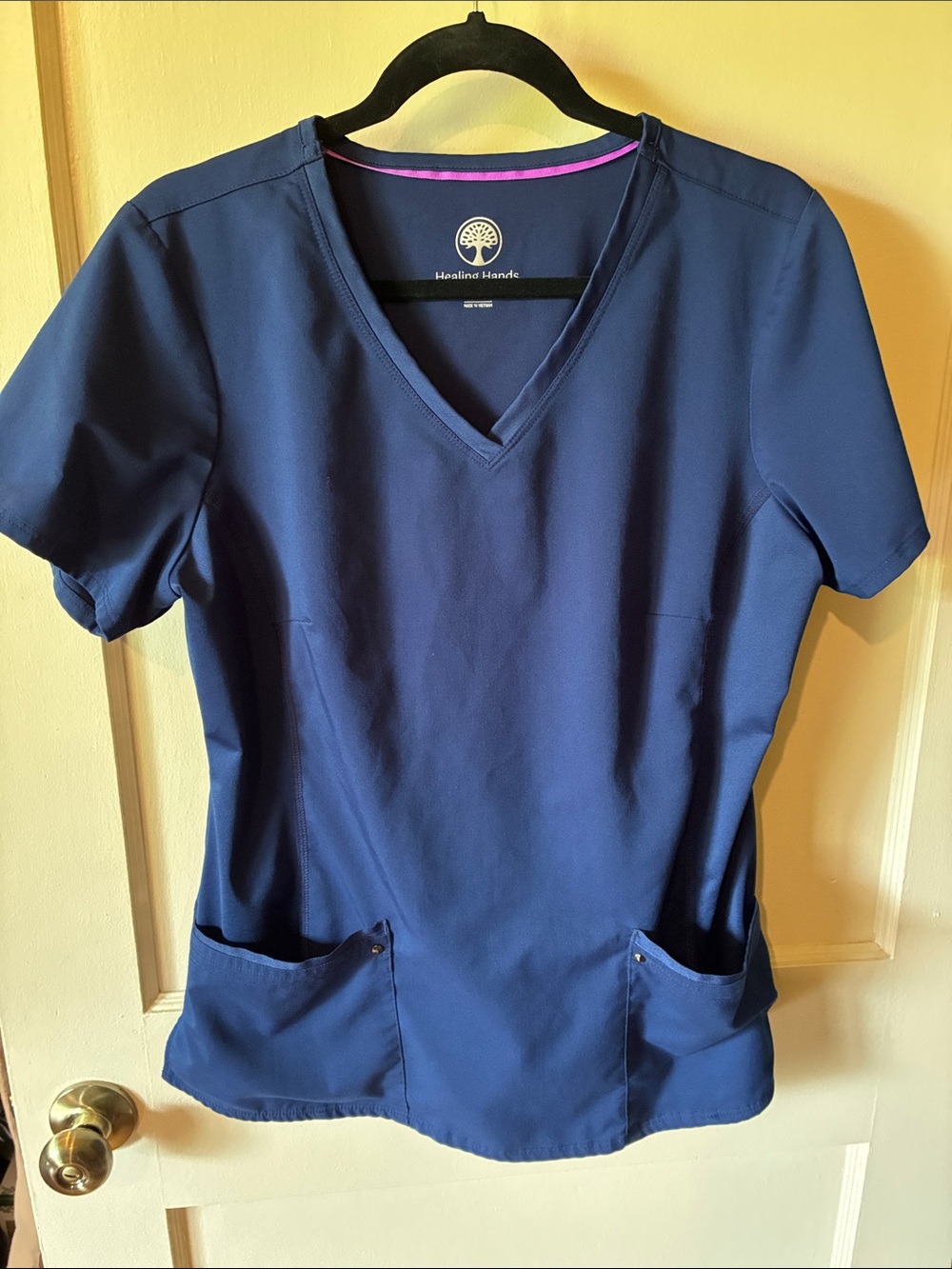 healing hands Navy V-Neck Short Sleeve Scrub Top